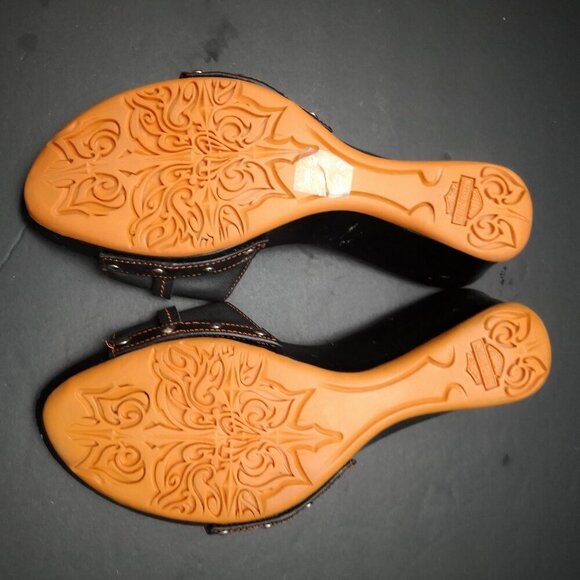 Harley Davidson Motor Cycles Ladies Size 6 Orange & Black Wedge Heel Sandals - Picture 8 of 14